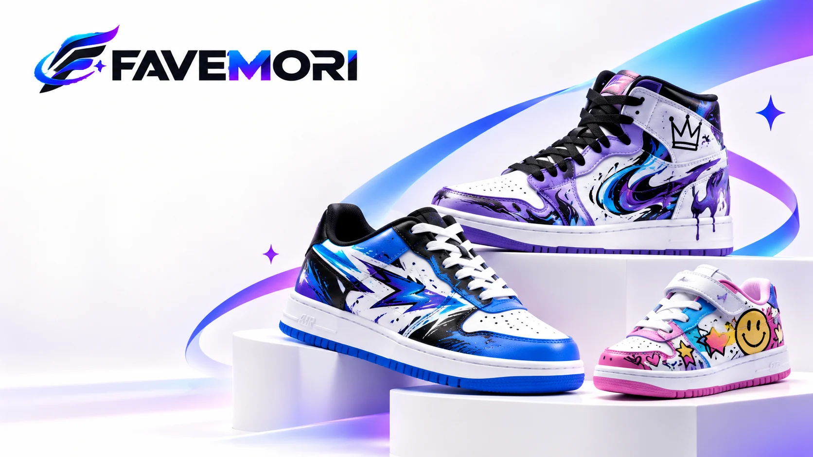 FAVEMORI custom sneaker designs in blue, purple and pink